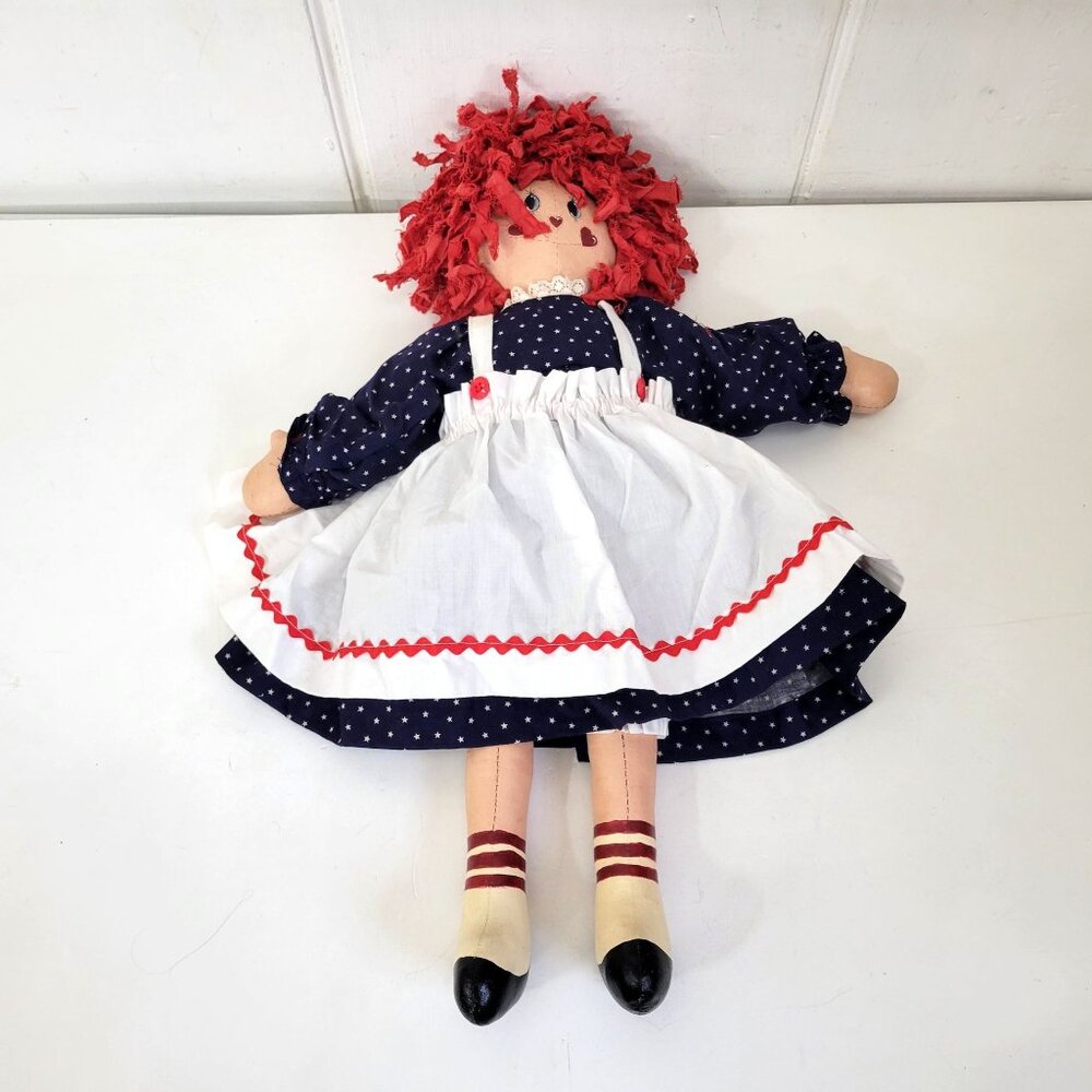 Handmade Rag Doll With Red Hair Navy Polka Dot Dress White Apron And Painted Sho - Picture 2 of 8